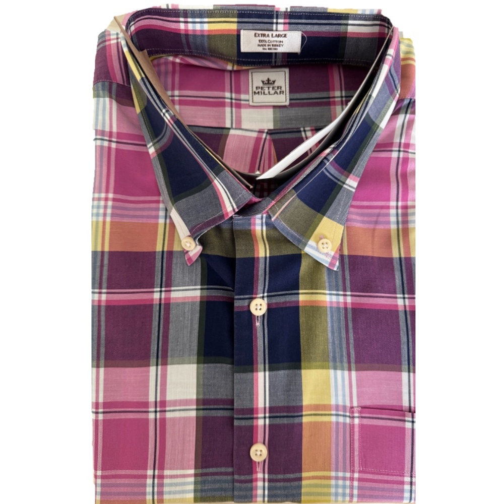 Peter Millar Multi-Color Plaid 100% Cotton Short-Sleeve Button Down Shirt Sz XL
